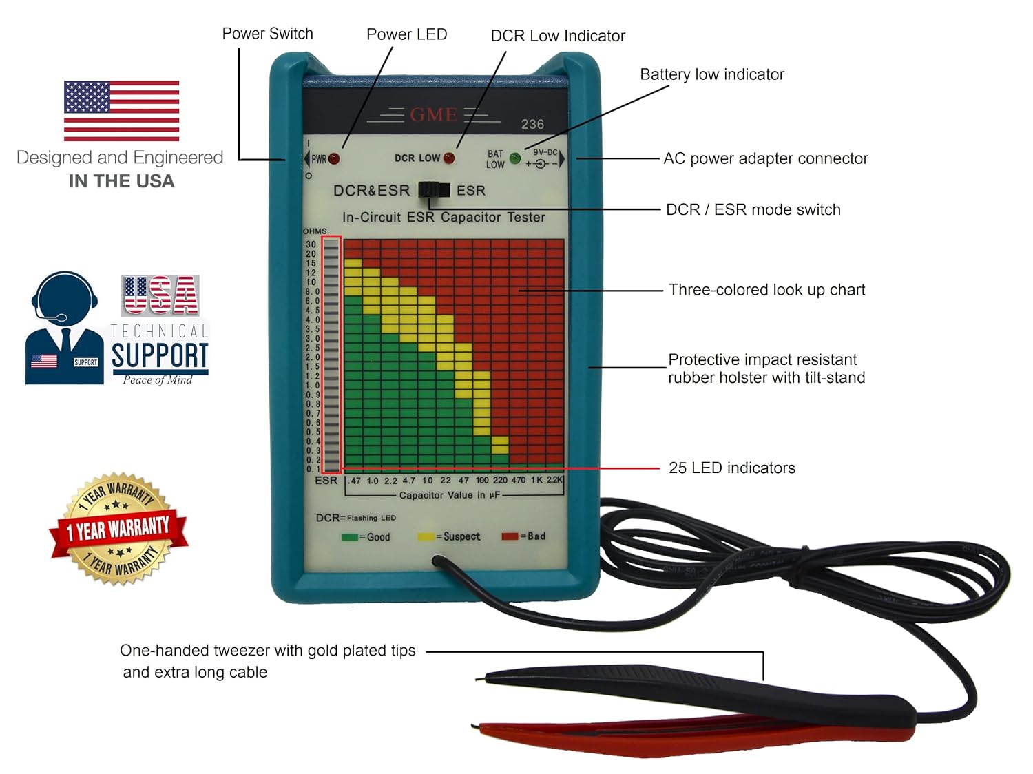 GME Professional in Circuit ESR Capacitor Tester, Capacitance Meter, Designed and Engineered in the USA