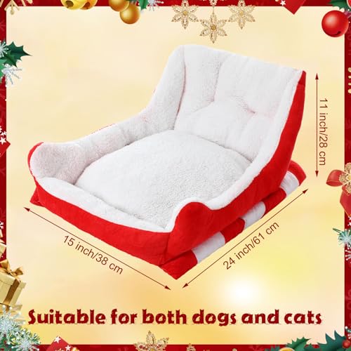 Christmas Dog Bed Pet Red Sleigh Cat Sofa with Plush Synthetic Fur, Washable Cozy Christmas Pet Bed for Small to Large Dogs Indoor Outdoor Use (Red White,24x15x11 Inch)