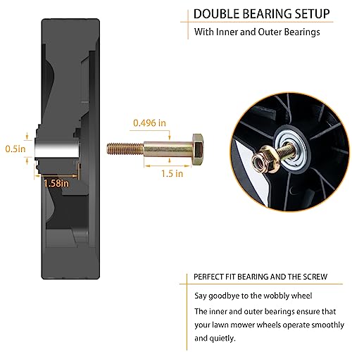 Lawn Mower Wheels 6 Inch (2-pack) Fits Most Standard push Lawn Mowers, Inner and outer bearing structure - Includes Bolts, Nuts. (Also available in 7 in, 8 in, 10 in, 12 in and 14 in wheels)