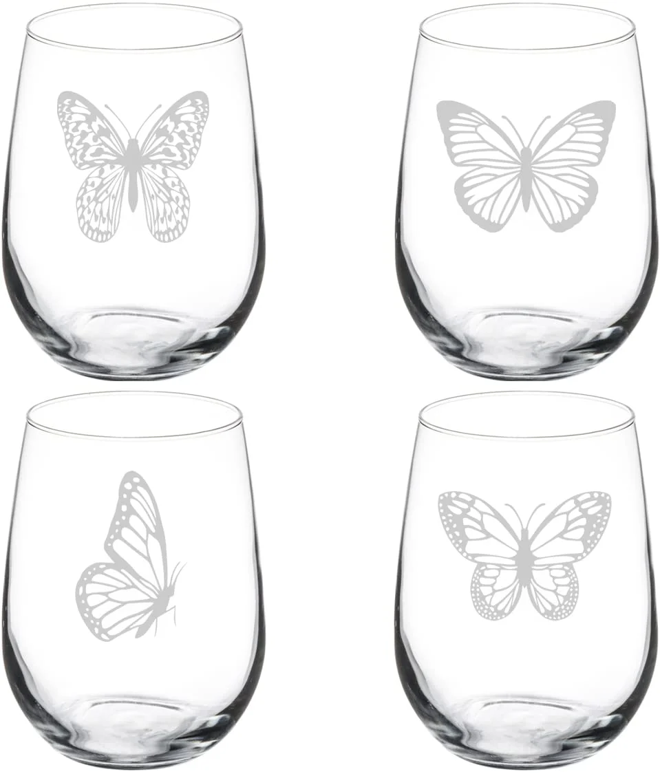 Set of 4 Wine Glass Gift Goblet Butterfly Collection (17 oz Stemless)