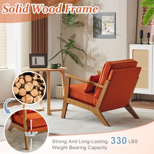 VINGLI Solid Wood Wide Armrests Accent Chair,Upholstered Mid Century Modern Chair with Pillow,Comfy Reading Chair Farmhouse Arm Chair,Chairs Living Room,Bedroom,Guest Room,Linen Fabric,Beige