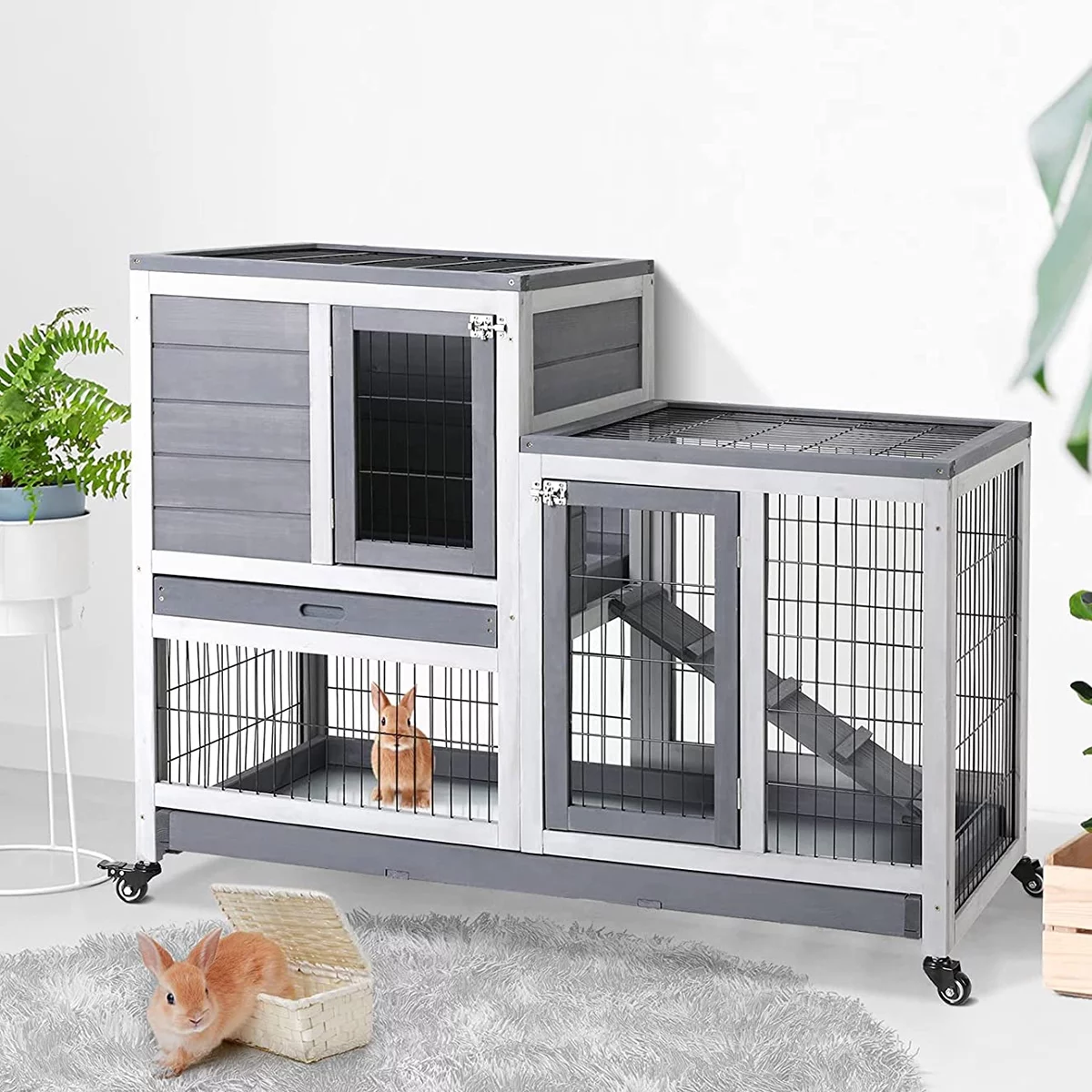 ZPL 43 Inch Rabbit Hutch, Wood Indoor Rabbit Cage Pet Cage with Wheel, Outdoor Large Rolling Bunny Hutch, Guinea Pig Hamster Hedgehog House with 2 No Leak Tray