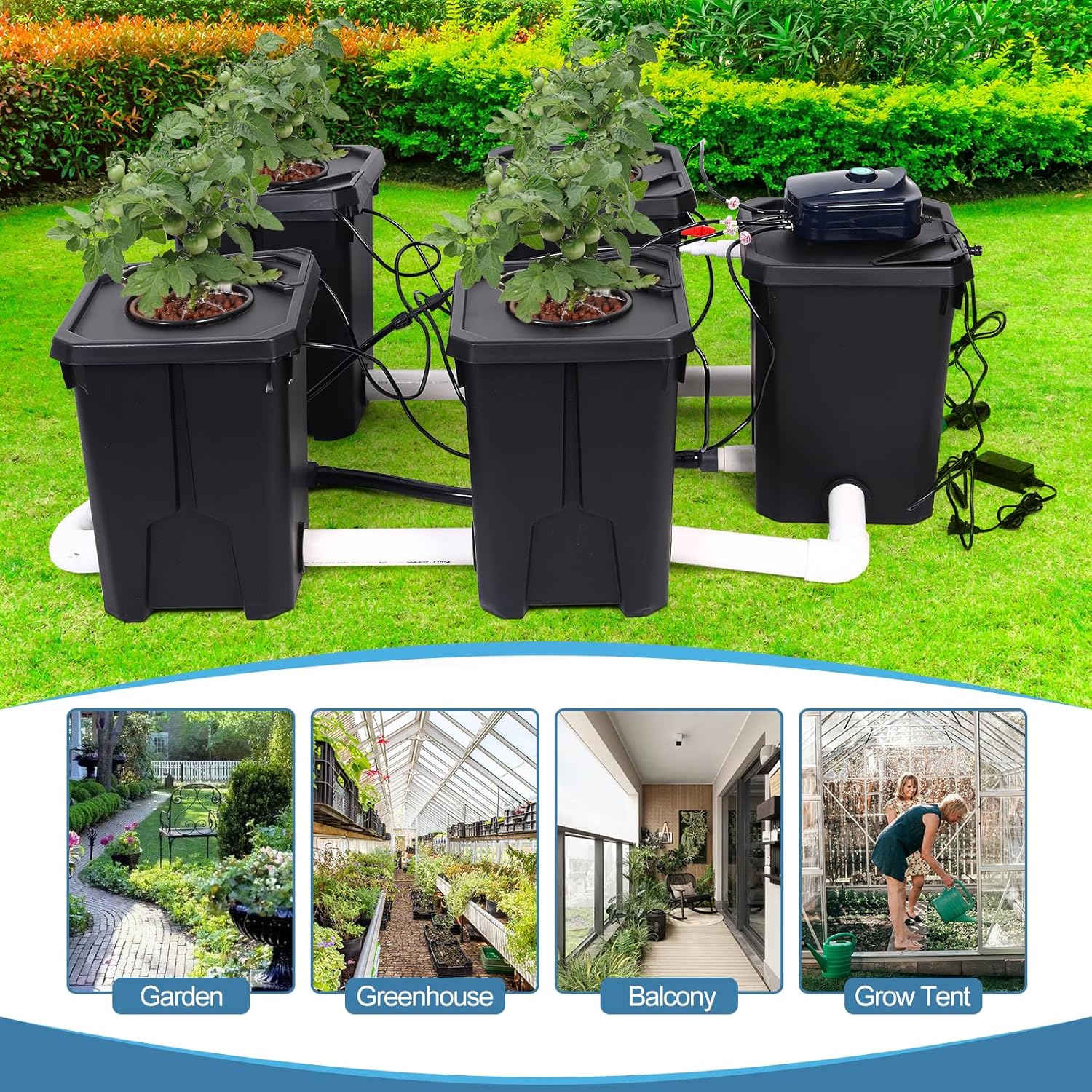 RDWC Hydroponics Grow System 4 Site + Reservoir, 7-Gallon Top Drip Recirculating Deep Water Culture Hydroponic Bucket System, Hydroponics Growing System Kit with Water Pump, Air Pump