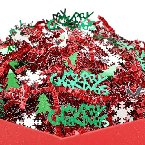 2lb Christmas Basket Stuffers Metallic Red Green Crinkle Cut Paper Shred Filler Merry Christmas Tree Snowflake Elk Confetti Packaging Raffia Stuffers