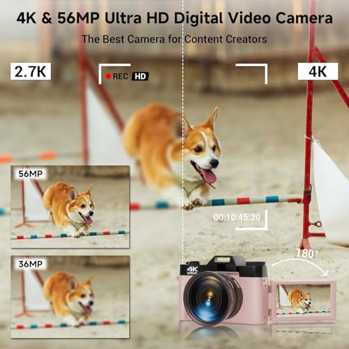 4K Digital Camera for Photography Autofocus 56MP 16X Digital Zoom with WiFi 3'' 180° Flip Screen Vlogging YouTube Video Students Compact Cameras with 2 Batteries 64GB Micro SD Card (Black)