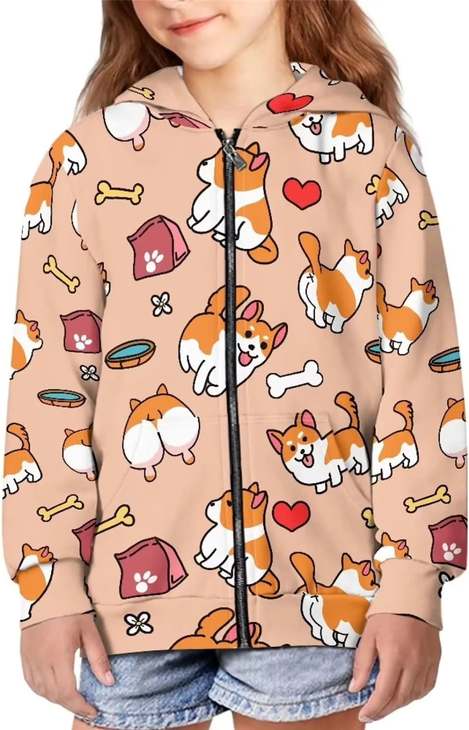 Suhoaziia Pink Zip Up Hoodies for Youth Size 11-13 Years Cartoon Corgi Bones Sweatshirt Sports Jumper Autumn Trendy Go Out Jackets with Pocket