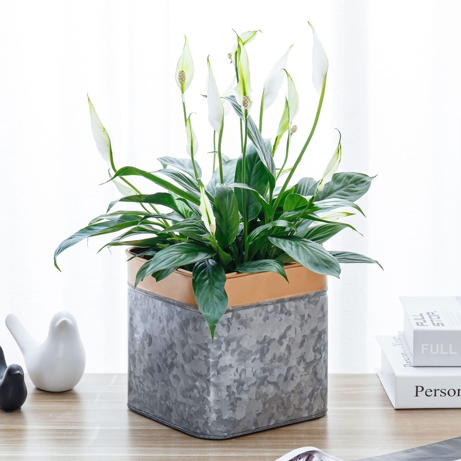 MyGift 7 Inch Galvanized Flower Planter Pot, Rustic Silver Metal Square Decorative Plant Container with Copper Tone Rim, Handcrafted in India