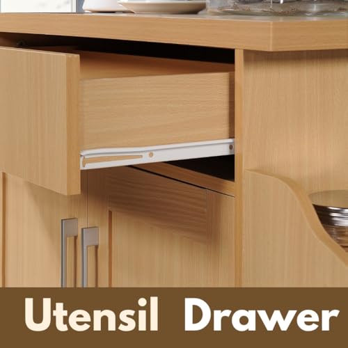 Hodedah Rolling Wood Kitchen Island Cart with Spice Rack, Towel Rack, Utensil Drawer plus Cabinet, White with Beech Top