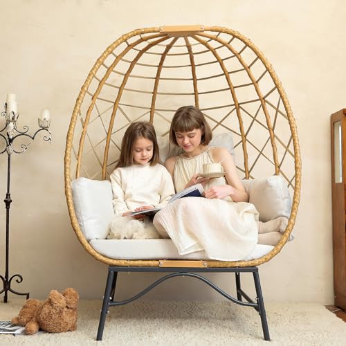 SWITTE Wicker Egg Chair Outdoor Indoor, Oversized Rattan Patio Lounge Chairs with Cushion for Backyard, Living Room, Steel Frame, 480lb Capacity-Cream