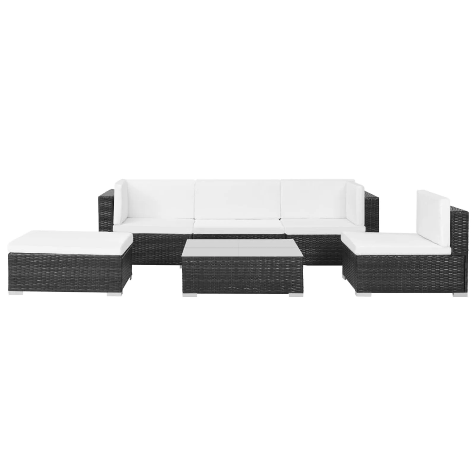 Dcenta 6 Piece Patio Conversation Set White Cushioned 2 Corner and Centre Sofas with Coffee Table, Ottoman Black Poly Rattan Sectional Outdoor Furniture Set for Patio, Backyard, Balcony
