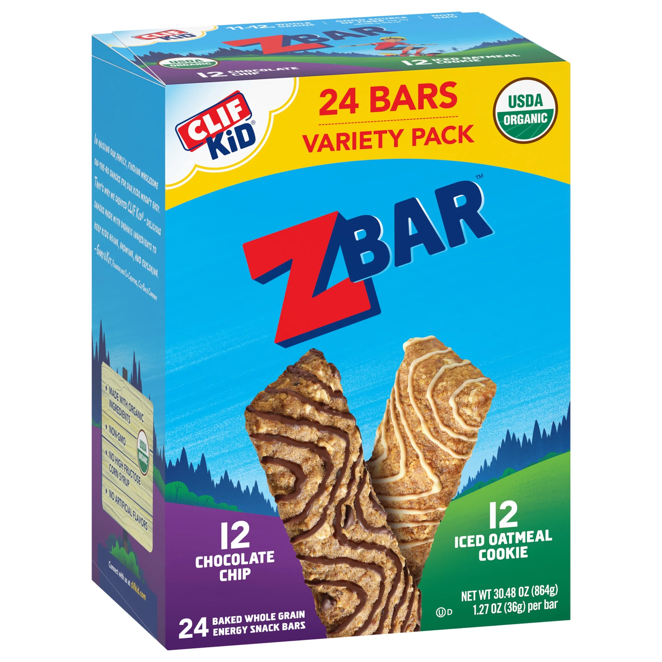 CLIF Kid Zbar - Chocolate Chip and Iced Oatmeal Cookie - Variety Pack - Soft Baked Whole Grain Snack Bars - USDA Organic - Non-GMO - Plant-Based - 1.27 oz. (24 Count)