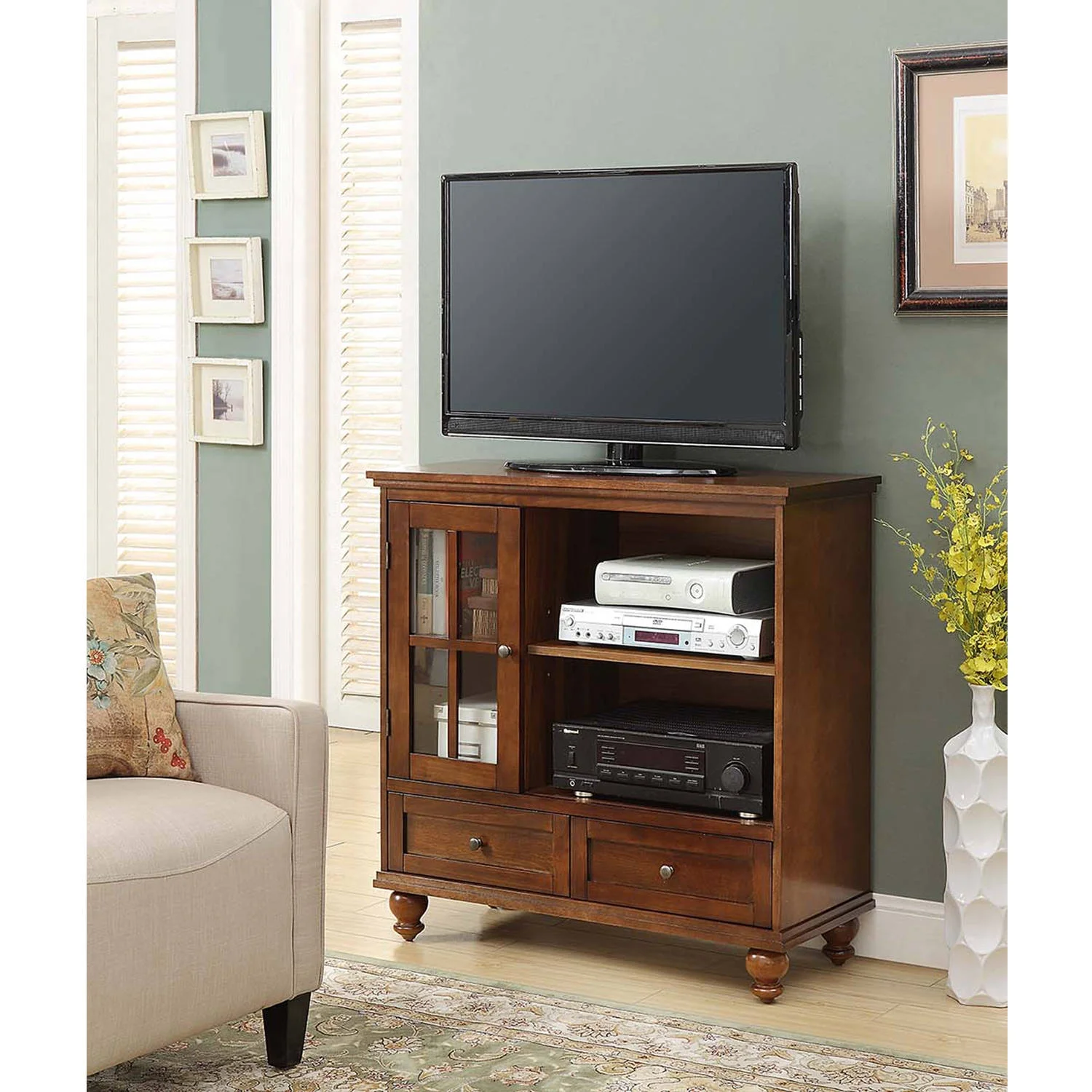 Convenience Concepts Tahoe Highboy 2 Drawer TV Stand with Storage Cabinet and Shelves, Dark Walnut