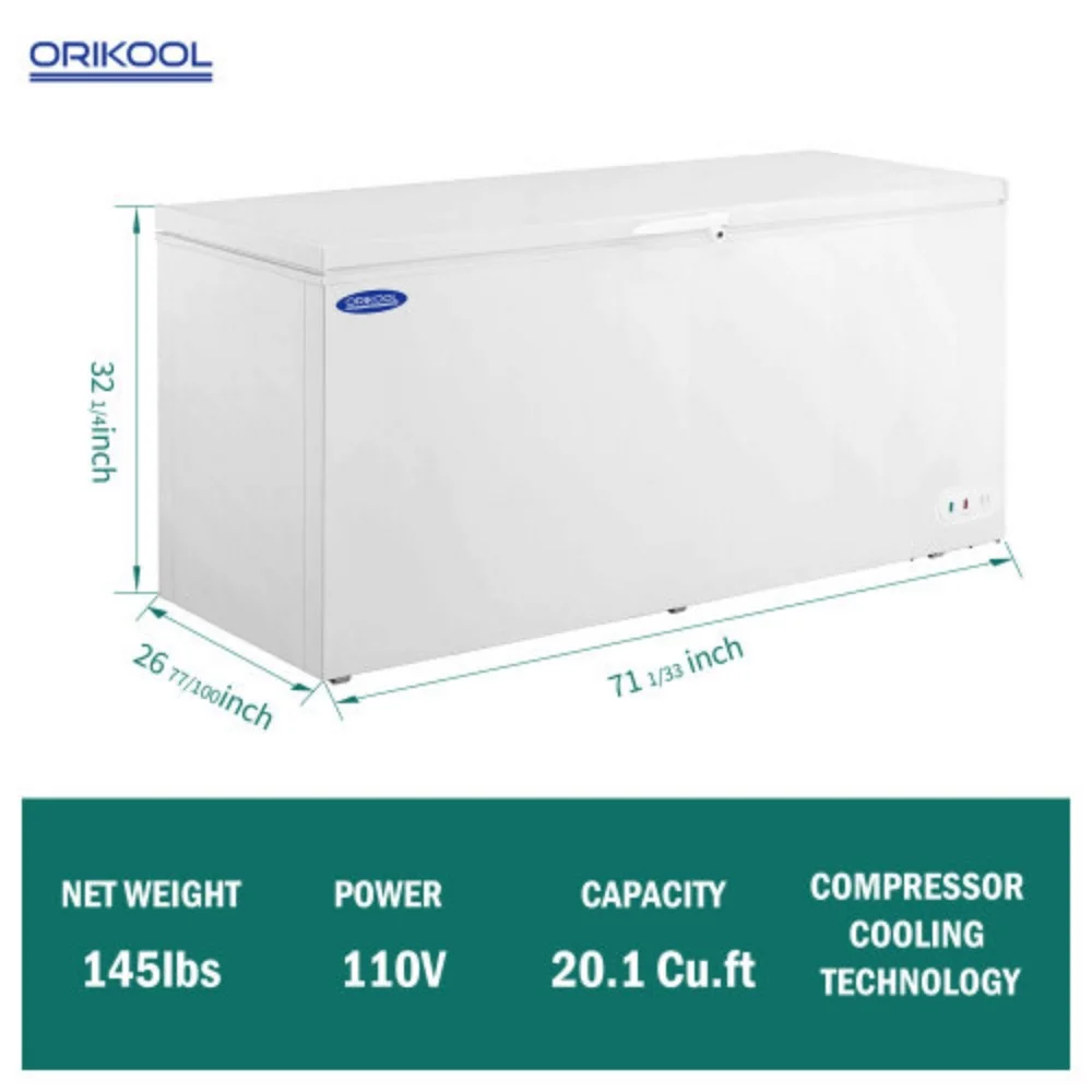 ORIKOOL Chest Freezer 20.1 Cu.ft Solid Top Commercial Deep Chest Freezers with Lockable Stay-Open Lid Painted for Back-of-House Bulk Storage  White + Steel