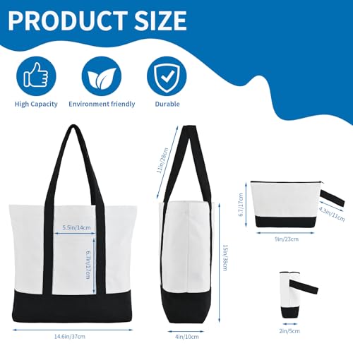 16 Pack Canvas Tote Bags Bulk and Makeup Pouches Set, 12oz Cotton Reusable Zippered Grocery Bags with Handles, DIY Sublimation, Halloween Craft, Beach & Travel with External Pocket (Women & Men)