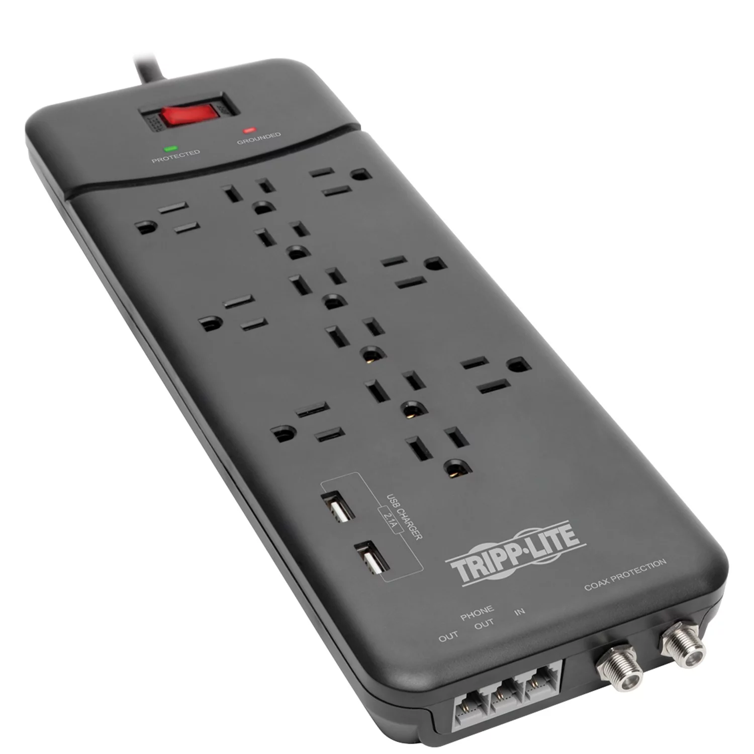 Tripp Lite Surge Protector Power Strip 12 Outlets, 2 USB Charging Ports Tel/Modem/Coax