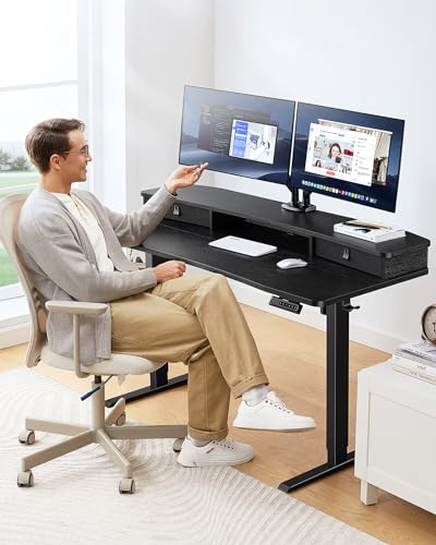 HUANUO 48″ x 24″ Electric Standing Desk with 2 Drawers, C-Clamp Mount Compatible, Height Adjustable Computer Desk, Home Office Stand Up Desk with 4 Preset Heights & 2 Hooks, Black