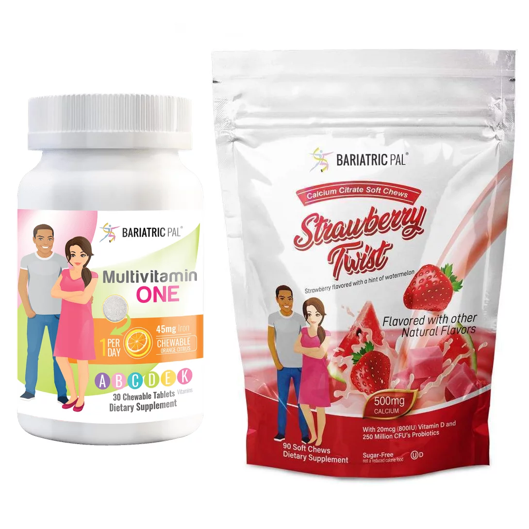 Gastric Bypass Complete Vitamin Pack - Chewables Size: 1-Month Supply, BariatricPal Multivitamin ONE: Orange Citrus Chewable with 45mg Iron, BariatricPal Calcium Citrate Soft Chews: Strawberry Twist