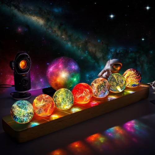 40mm Crystal Quartz Stones 7 Chakra Natural Healing Spheres with LED Wooden Stand for Meditation Positive Energy Night Light Decoration Balls Set for Home