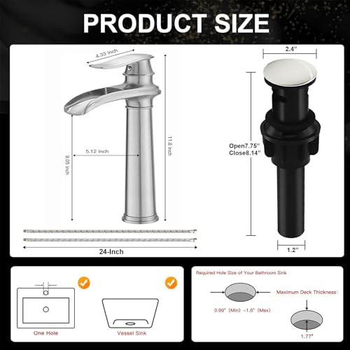 Bathroom Vessel Sink Faucet, Waterfall Oil Rubbed Bronze Bathroom Faucet, Vessel Faucet, Tall Body 1 Hole Single Handle with Pop Up Drain Combo Vanity Mixer Tap Basin Bowl Sink