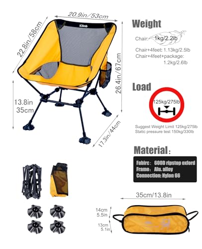 iClimb Ultralight Compact Camping Folding Beach Chair with Anti-Sinking Large Feet