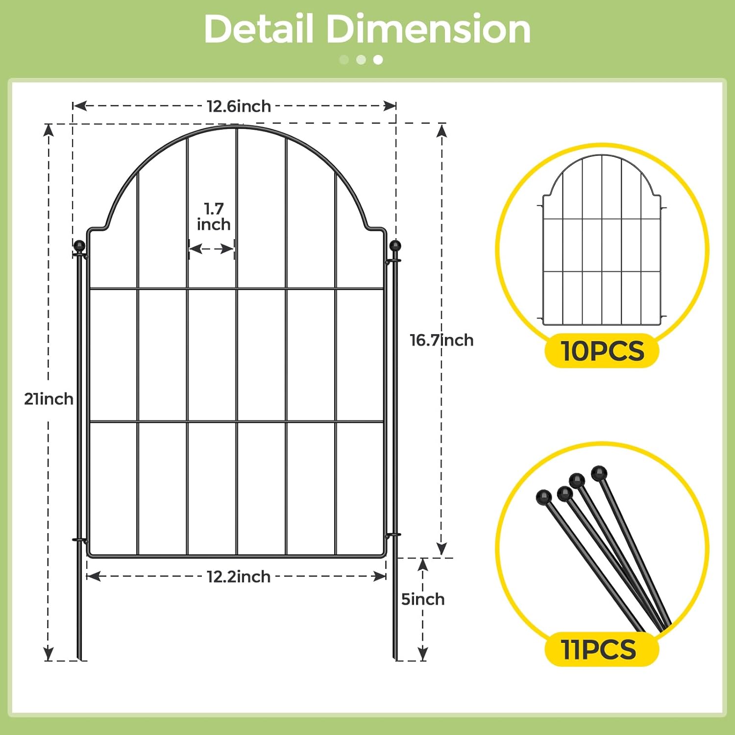 Garden Fence, 21in X 10.2ft Garden Fences and Borders for Dogs, Rabbit, Pets, Rustproof Metal Garden Fence Animal Barrier for Yard, Landscape, Outdoor Patio, Arched Fencing for Garden Beds, 10 Pack