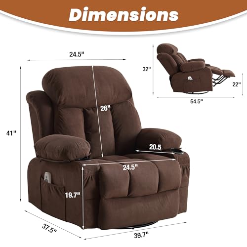 Rocker Recliner Chair with Heat and Massage, Swivel Recliner Chairs for Living Room, with Cup Holders, Side Pockets and USB,Grey