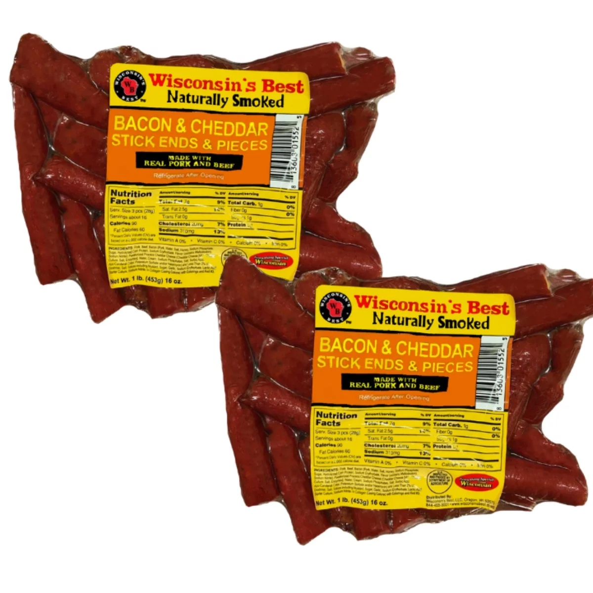 WISCONSIN'S BEST - 100% Beef Meat Snacks -JALAPENO CHEDDAR CHEESE Ends and Pieces Snack Stick Pack. 100% Wisconsin Cheddar Cheese, High Protein, Low Carb, Keto Friendly, 2 lbs. (2-16 oz. Packages)