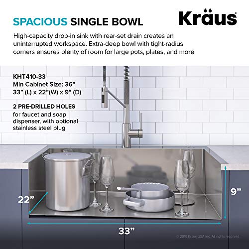 KRAUS Standart PRO 22-inch Drop-In Top Mount 16 Gauge Stainless Steel Single Bowl Laundry Utility Sink, KHT301-22L