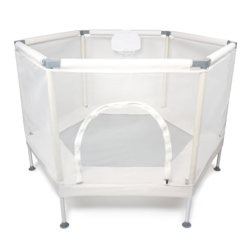 Kids Trampoline, Aesthetic Indoor and Outdoor Toddler Trampoline with Safety Net, Basketball Hoop, 220lb Capacity, Ultra Safe No-Gap Design, Gifts for Boys & Girls