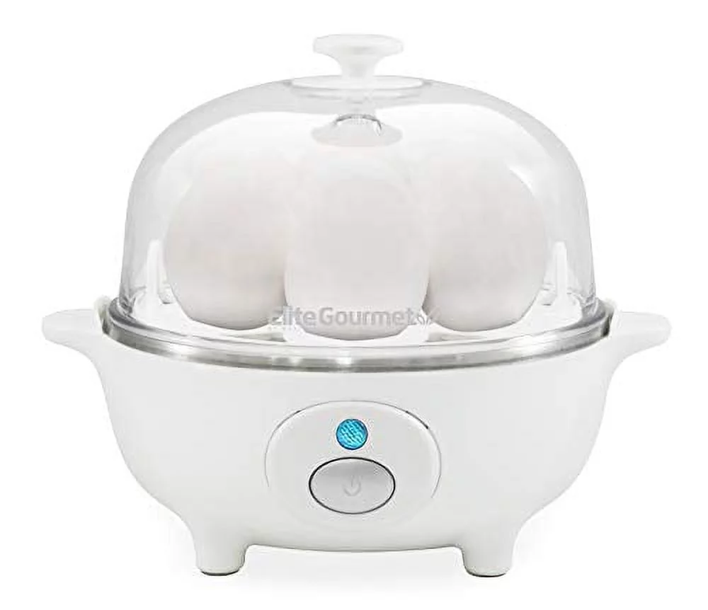 Elite Cuisine EGC-007 Easy Electric Egg Poacher, Omelet  Soft, Medium, Hard-Boiled, Deviled Egg Cooker with Auto-Shut off and Buzzer, 7 Egg Capacity, White