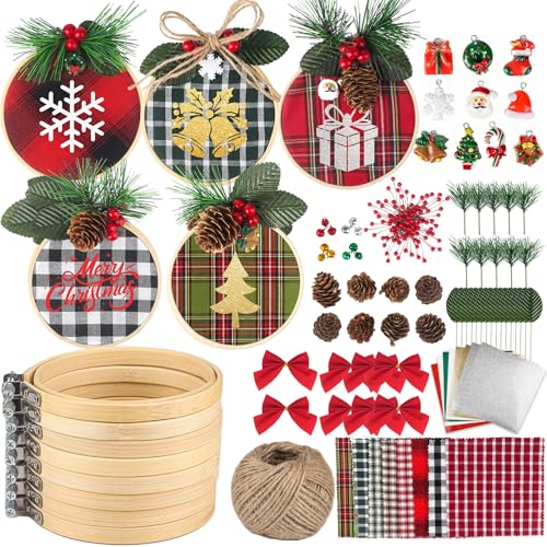 8 Pack DIY Christmas Ornaments Craft Kit, Christmas Ornaments Kits with Plaid Fabric Bamboo Hoops Pinecones Berries and Other Accessories, Perfect for Christmas Crafts and Holiday Decorations