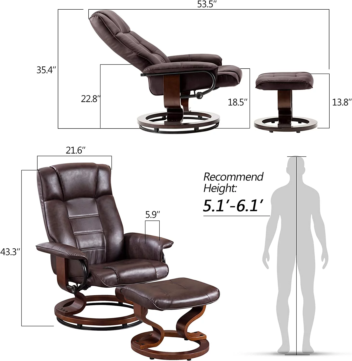 MCombo Swiveling Recliner Chair with Wrapped Wood Base and Matching Ottoman Footrest  Furniture Casual Chair  Faux Leather 9019 (Cream White)