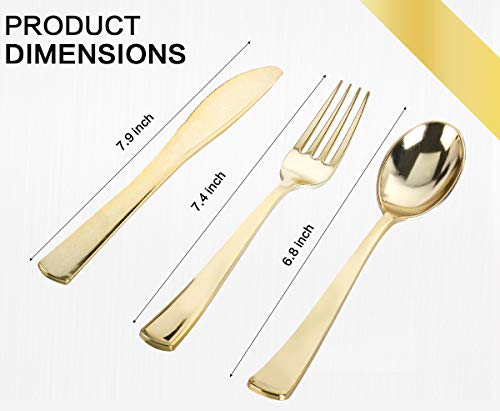 M MCIRCO 175 Piece Gold Dinnerware Set - 50 Gold Rim Plastic Plates - 25 Gold Plastic Silverware - 25 Gold Plastic Cups - 25 Gold Paper Napkins, 25 Guest Disposable Gold Dinnerware Set