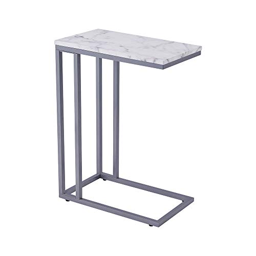 C-Shape Side End Table, Faux Marble Tray Snack Table with Metal Frame, Laptop Coffee Holder, Modern Furniture (Silver)
