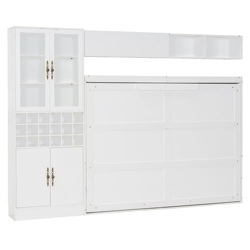 P PURLOVE Queen Murphy Bed with Sofa and Shelves, Wooden Wall Bed with USB and Light, No Box Spring Needed (White)