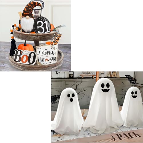 Halloween Decorations Indoor - Set of 3 DIY Spooky Ghosts Decor - BOO Happy Halloween Wooden Signs - Cute Gnomes Plush and Bead Garland - Farmhouse Rustic Tiered Tray Decor Items for Home Table Room