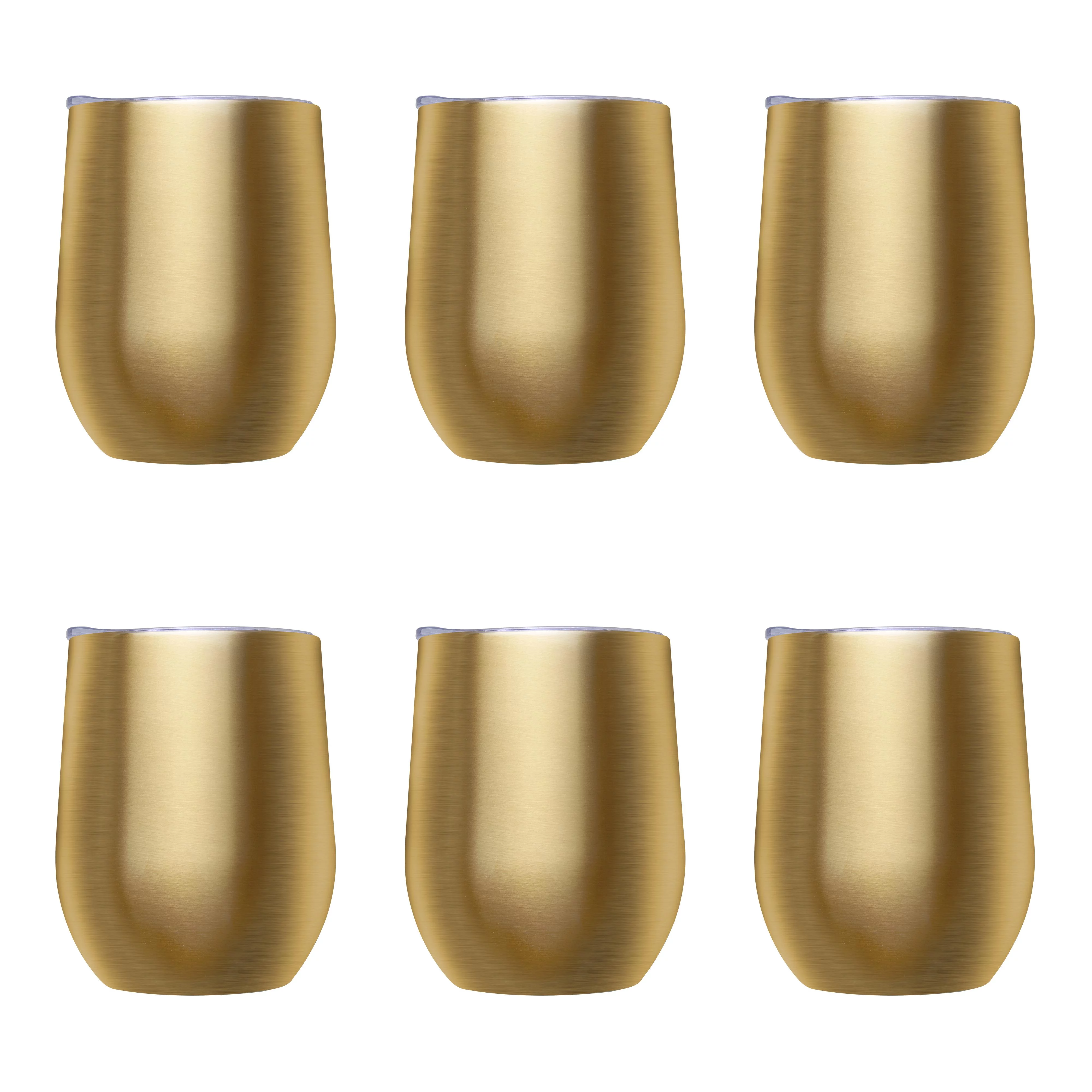 Stemless Wine Glass Tumblers with Lids by Largo 11 oz. Set of 6, Bulk Pack - Perfect for Wine, Cocktails, Other Hot & Cold Beverages - Gold