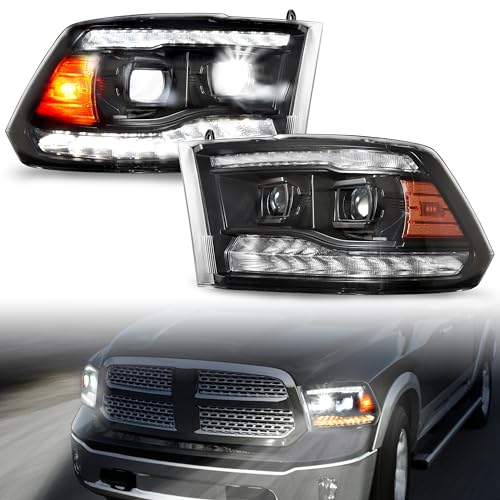 Full LED Projector Headlights Set for 2009-2018 Dodge Ram 1500, Sequential Turn Signal Dual Projector Headlights With Switchback Dual LED Bar for 09-18 Ram 1500/10-18 Ram 2500/3500 (2PCS)