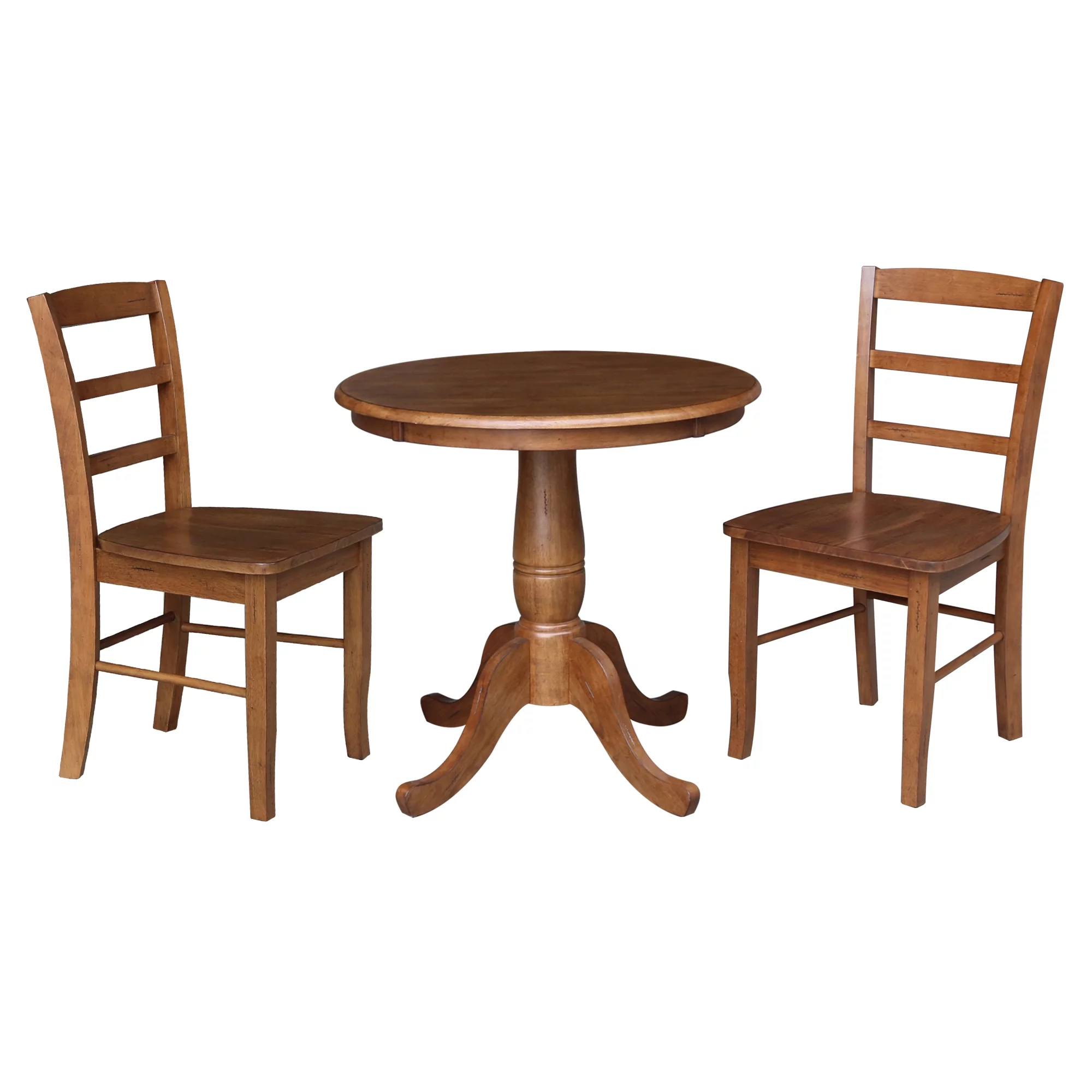 30'' Round Solid Wood Pedestal Dining Table with 2 Madrid Ladder Back Dining Chairs in Distressed Oak