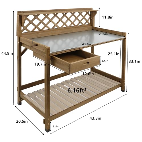 Garden Potting Benches & Tables,Outdoor Wooden Work Station W/Metal Table Top,Drawer,Large Bottom Shelf,Open Shelf Natural Wood-Natural Stained