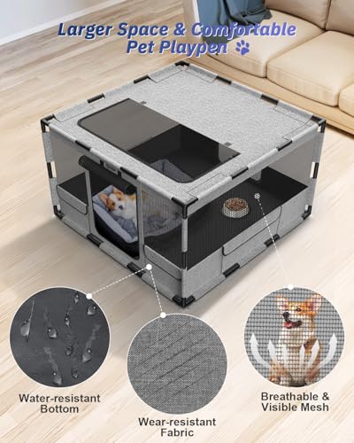 Dog Playpen, 43x43x26 Inches Puppy Playpen Portable with Top Cover, Thickened Fabric Tear Resistant Waterproof Bottom with Breathable Mesh Dog Fence for Indoor and Outdoor, Gray