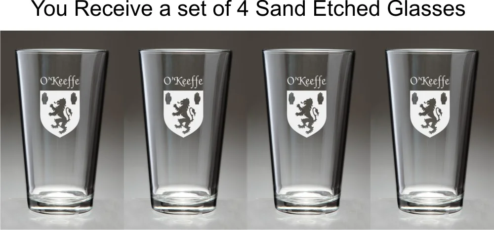 O'Keeffe Irish Coat of Arms Pint Glasses - Set of 4 (Sand Etched)