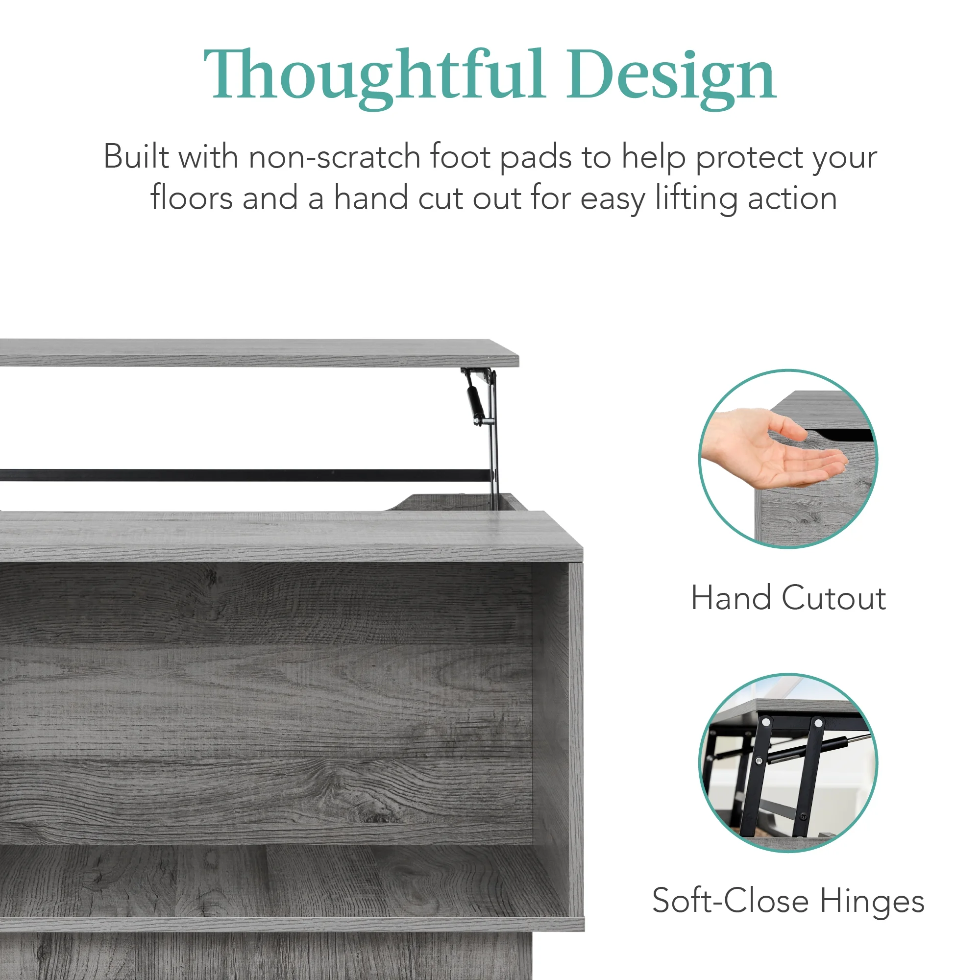 Best Choice Products Square Rustic Modern Lift Top Coffee Table w/ Cubby, Non-Scratch Pads - Gray