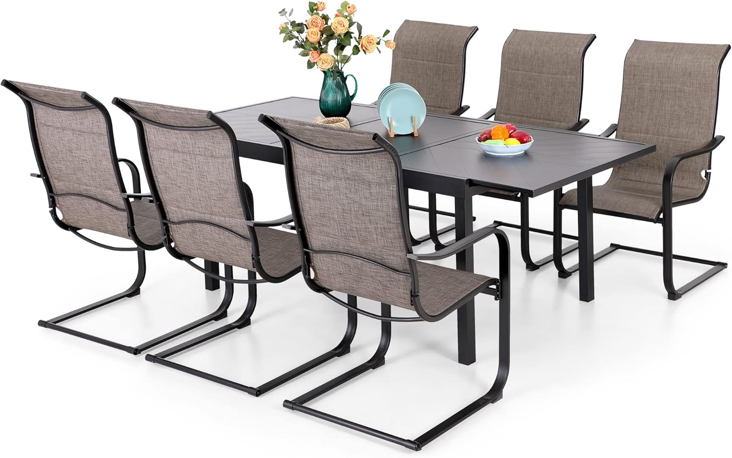 Sophia & William Patio Furniture Set Outdoor Dining Set 7 Pieces Outdoor Table and Chairs 6 C Spring Motion Chairs High Back, Expandable 6-8 Person Table for Lawn Garden Backyard Support 350lbs