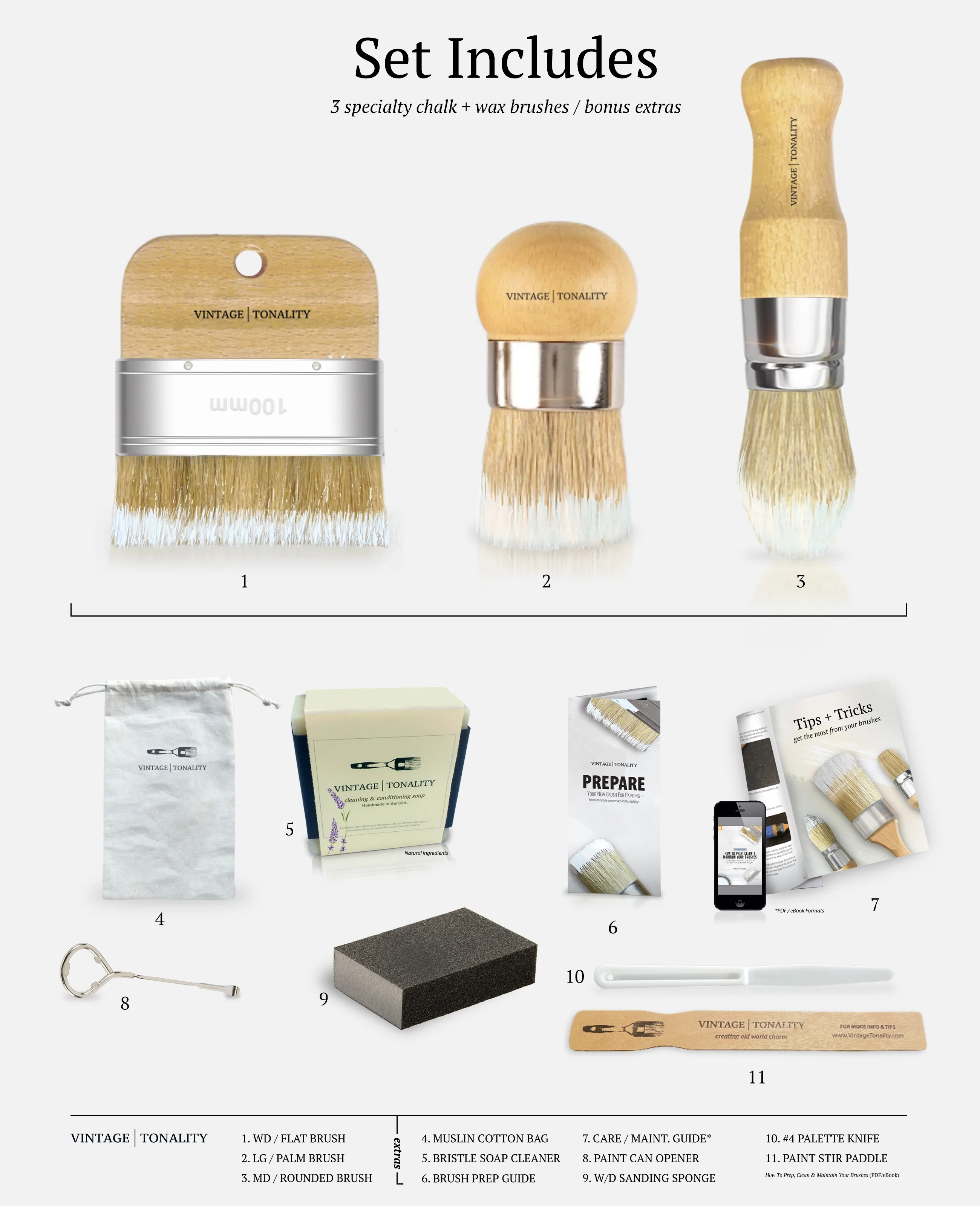 3 PCS Specialty Chalk Paint Wax Brush Set for Painting Furniture | Densely Packed Natural Bristles for Chalk Painting by Vintage Tonality