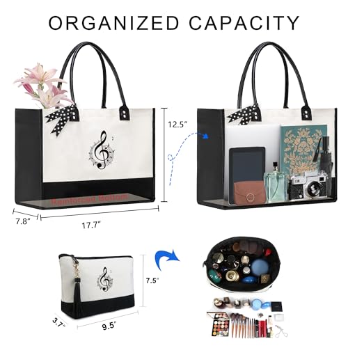 BeeGreen Mother's Day Gifts Personalized Women's Large White and Black Canvas Tote Bag, Embroidered Initials, Leather Handle, Zipper Closure