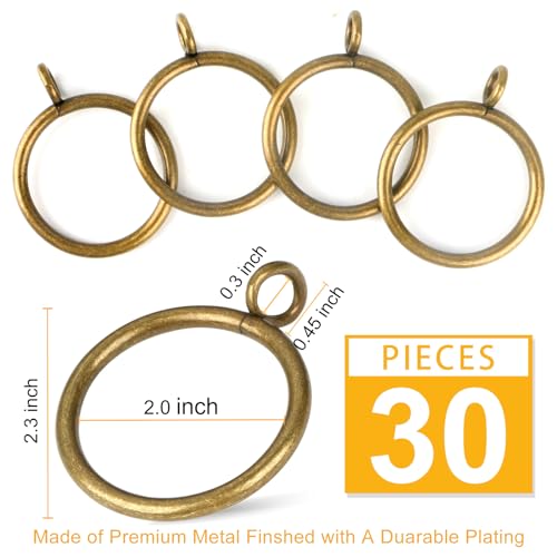 Antique Brass Curtain Rings with Eyelets for Curtain Rods (Set of 30 PCS Curtain Rings)