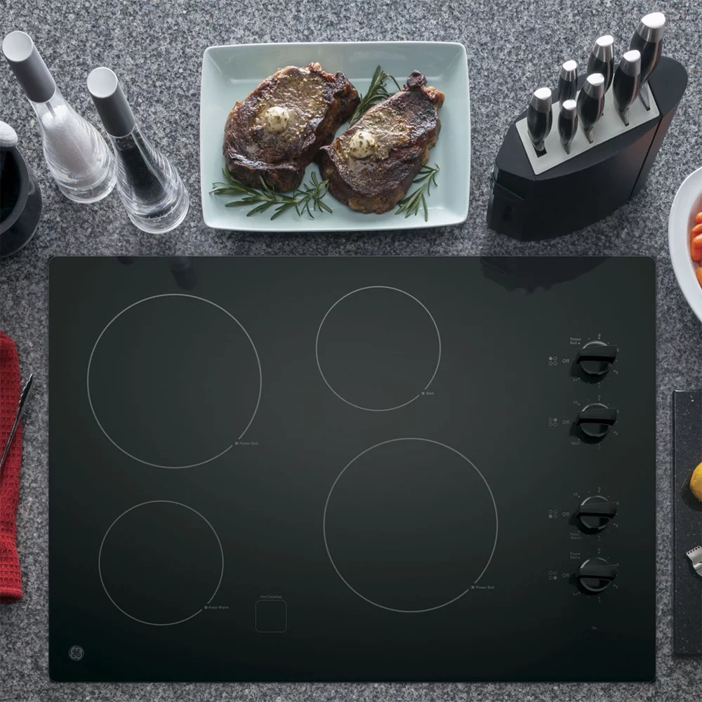 GE JP3030DJBB 30 inch Built-In-Knob Control Electric Cooktop Bundle with Premium 2 YR CPS Enhanced Protection Pack
