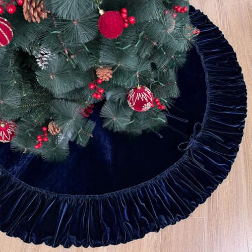 60-Inch Ruffled Velvet Christmas Tree Skirt with Foam Padding, Nylon Backing and Lace-Up Tie Closure, Burgundy