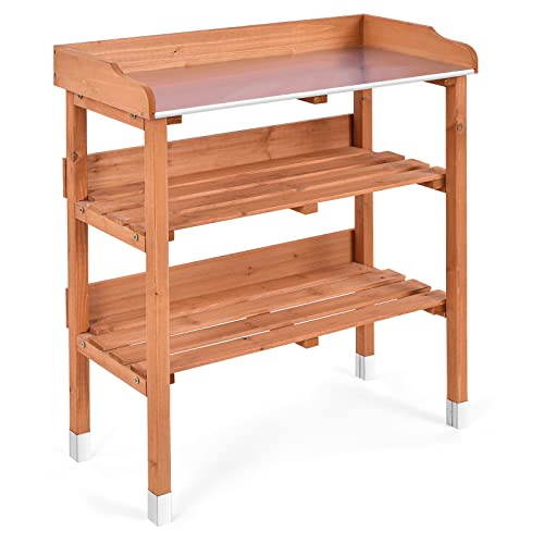 Outdoor Potting Bench, 3 Tier Wooden Garden Workstation Table w/Iron Tabletop, 2 Wood Shelf, 5 Hooks, Multifuction Work Station Table Rack for Garden, Backyard, Kitchen, Garage (Deep Oak)